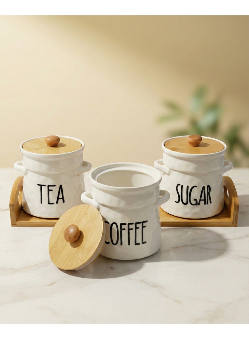 Casa Home طقم شاي وقهوة وسكر بورسلين بحامل خشب بامبو مقاوم للماء – سعة 500 مل